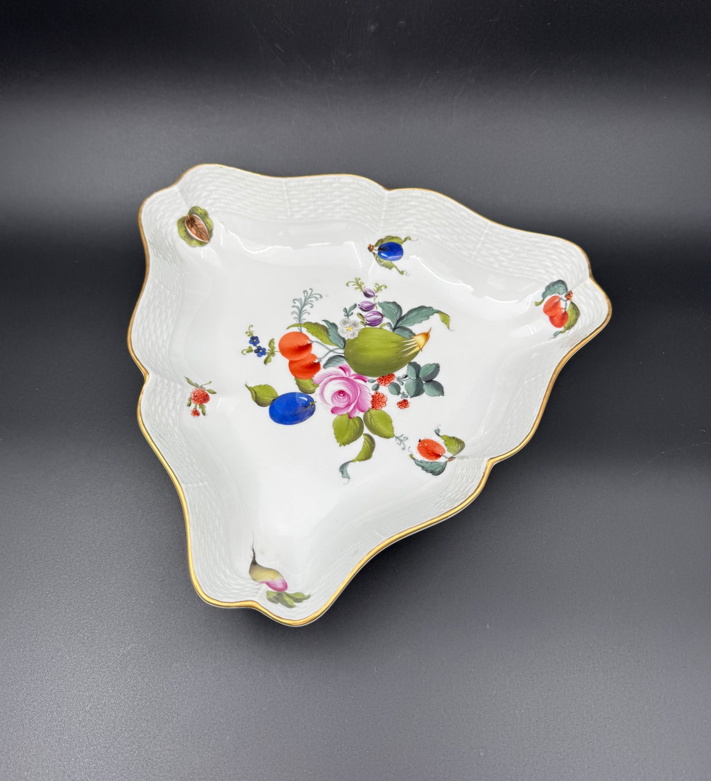 Herend Hungary Triangle Bowl – Fruit and Flower Pattern