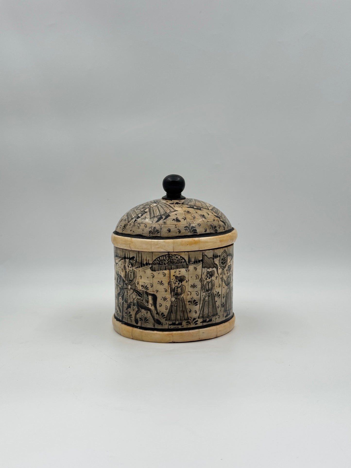 Hand-Painted Bone Betel Box – Round with Procession Scene