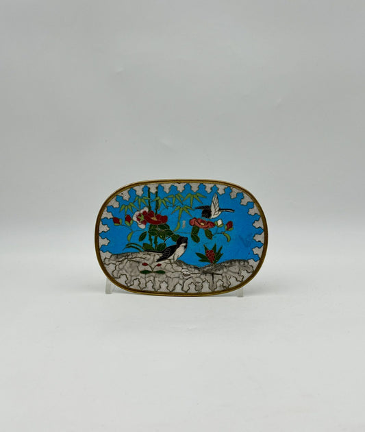 Vintage Chinese Cloisonné Oval Dish – Birds & Blossoms on Sky Blue