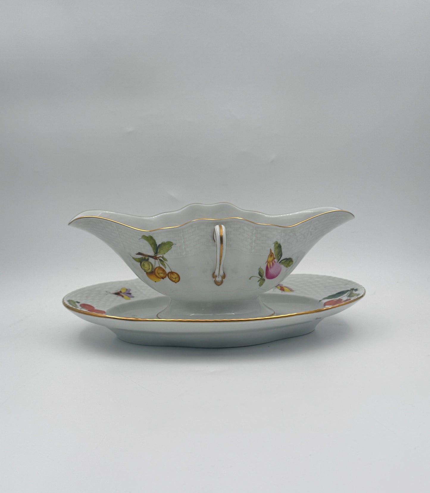 Herend Market Garden Gravy Boat with Attached Underplate – Handpainted Porcelain, Hungary