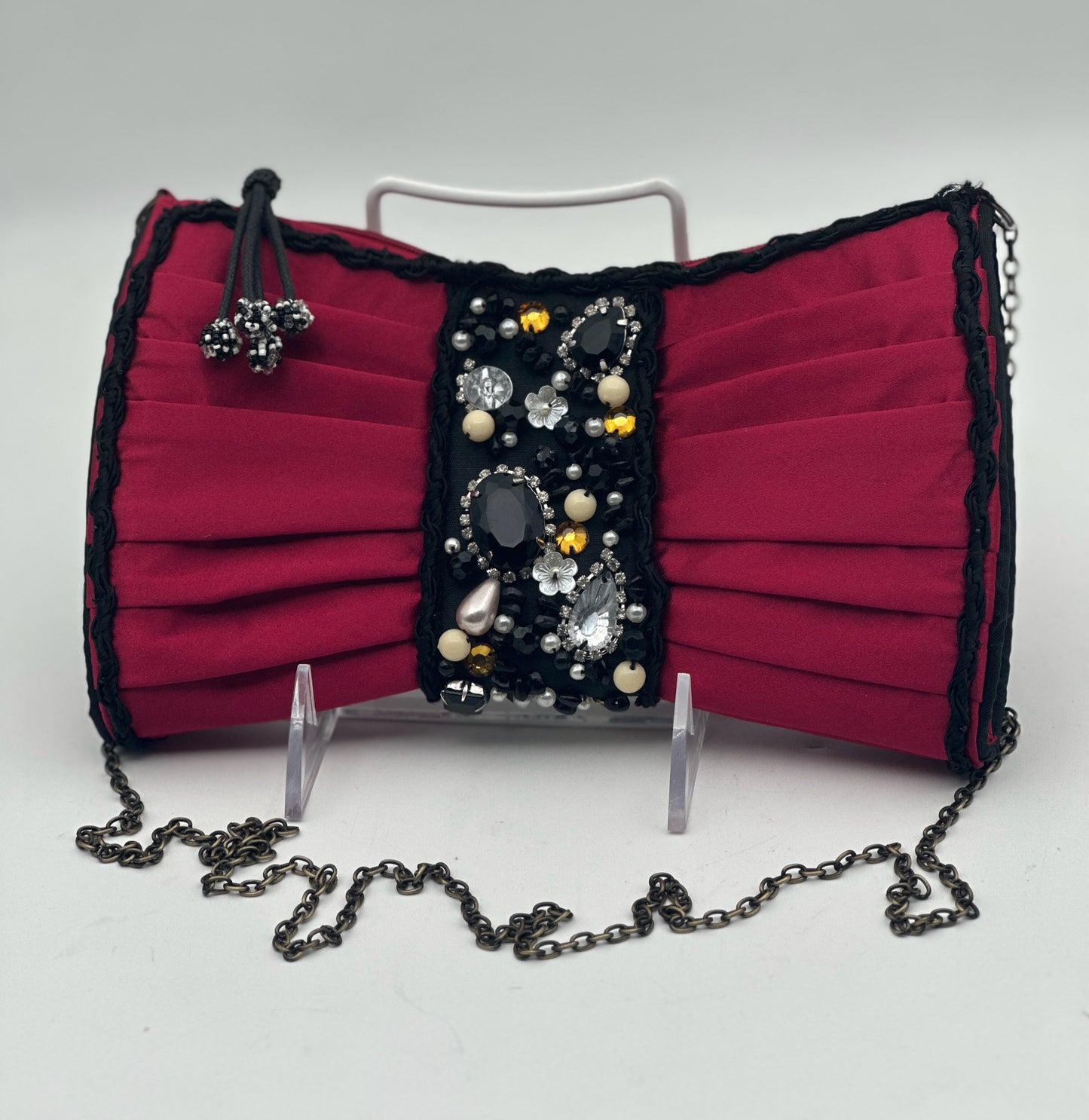Mary Frances Red Satin Beaded Crossbody Purse
