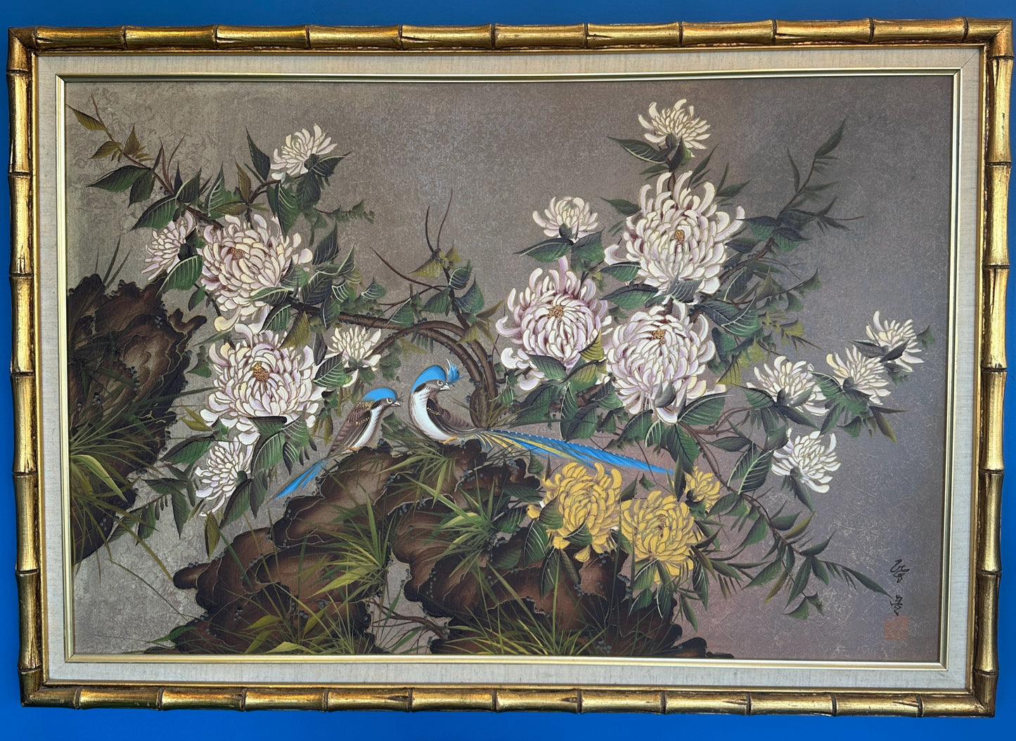 Vintage Oil on Board- "Blue Birds" -signed Yaung Kim - In Gilt Faux Bamboo Frame