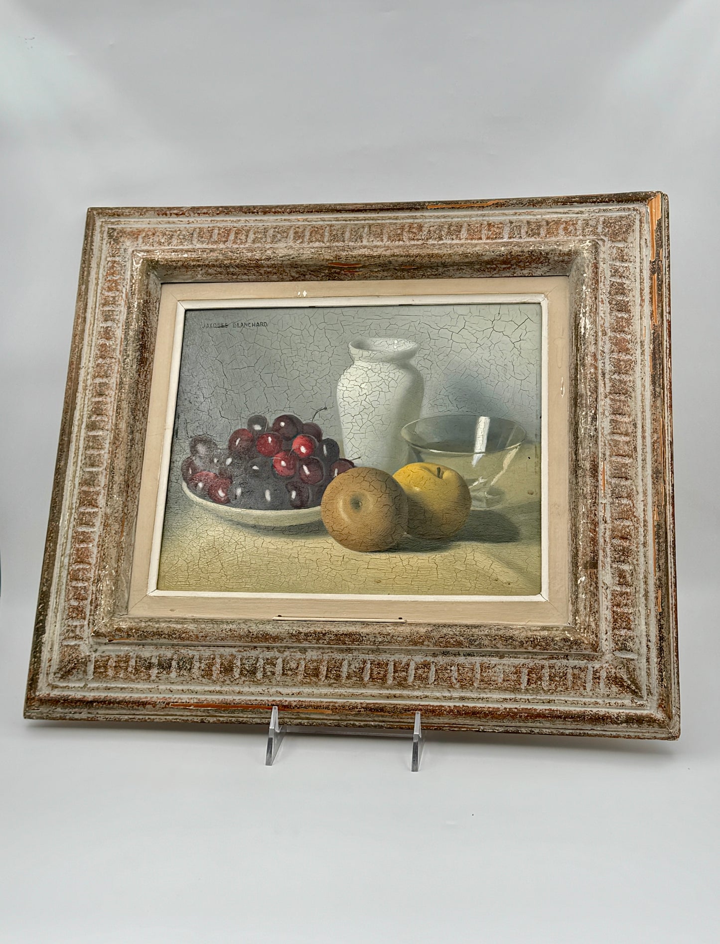 Jacques Blanchard (French, 1912–1992) – Still Life with Cherries, Green Apples, and White Vase – Oil on Board