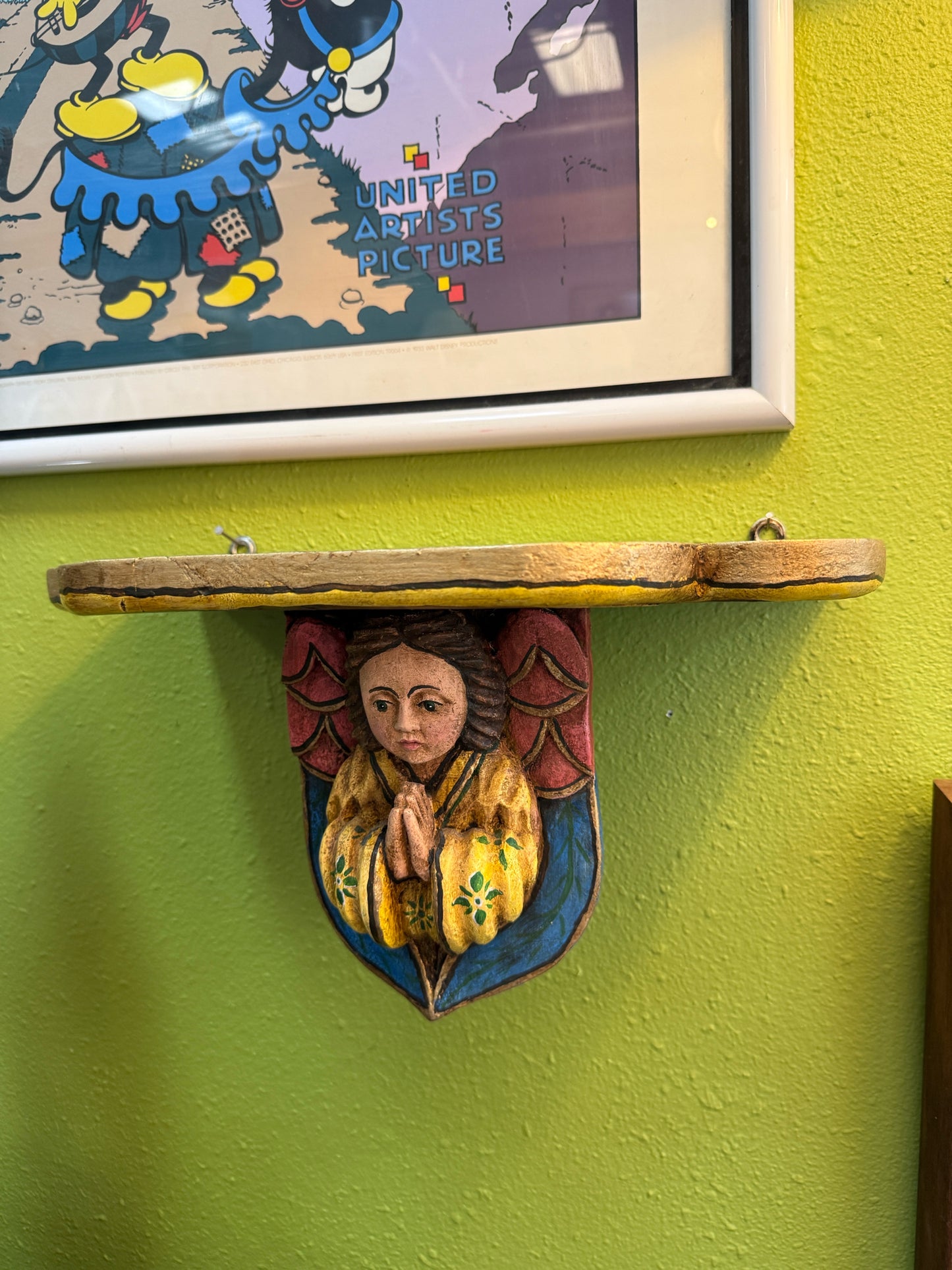 Vintage Wood Wall Bracket With Painted Cherub