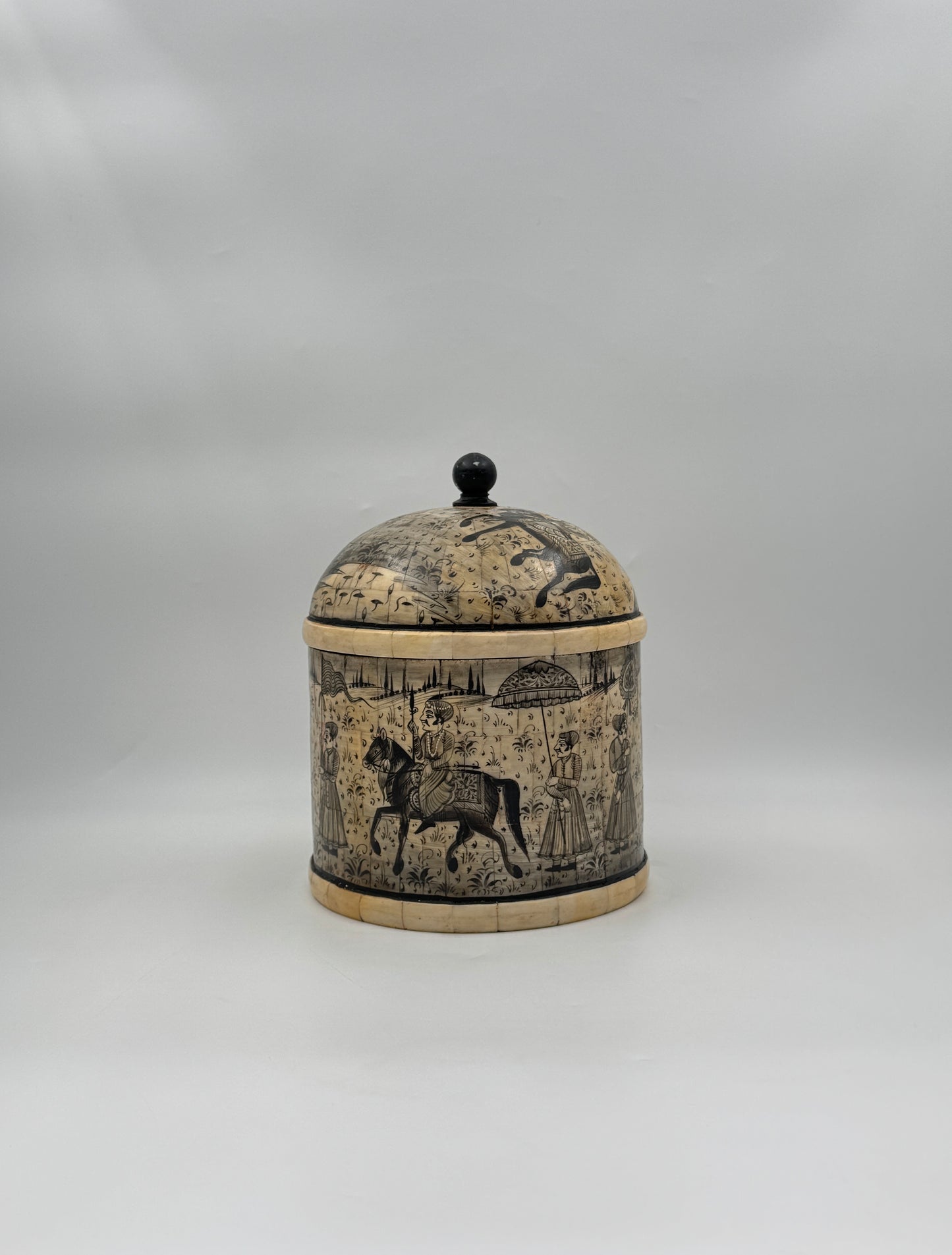 Large Hand-Painted Indian Bone Betel Box – Mughal Court & Procession Scene