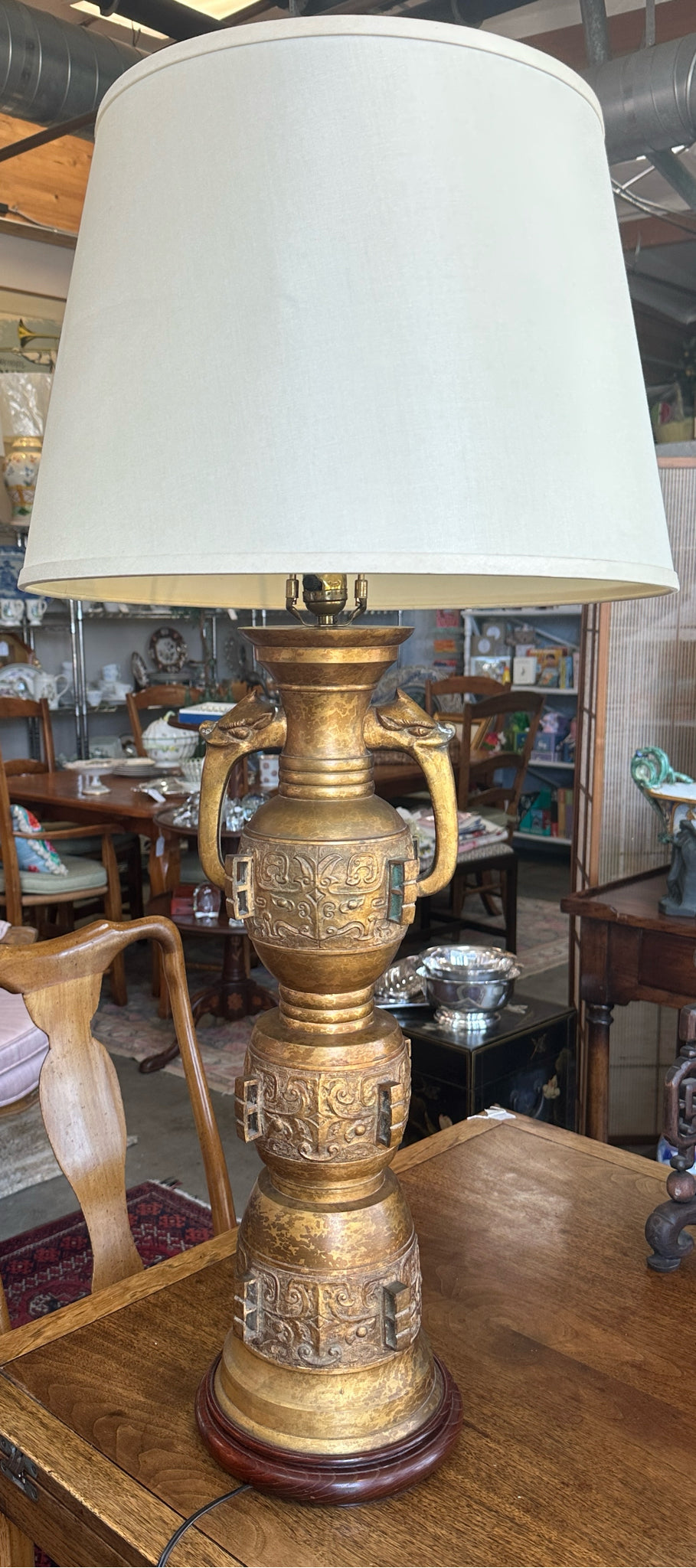 Mid Century Metallic Table Lamp with Wooden Base c. 1950's