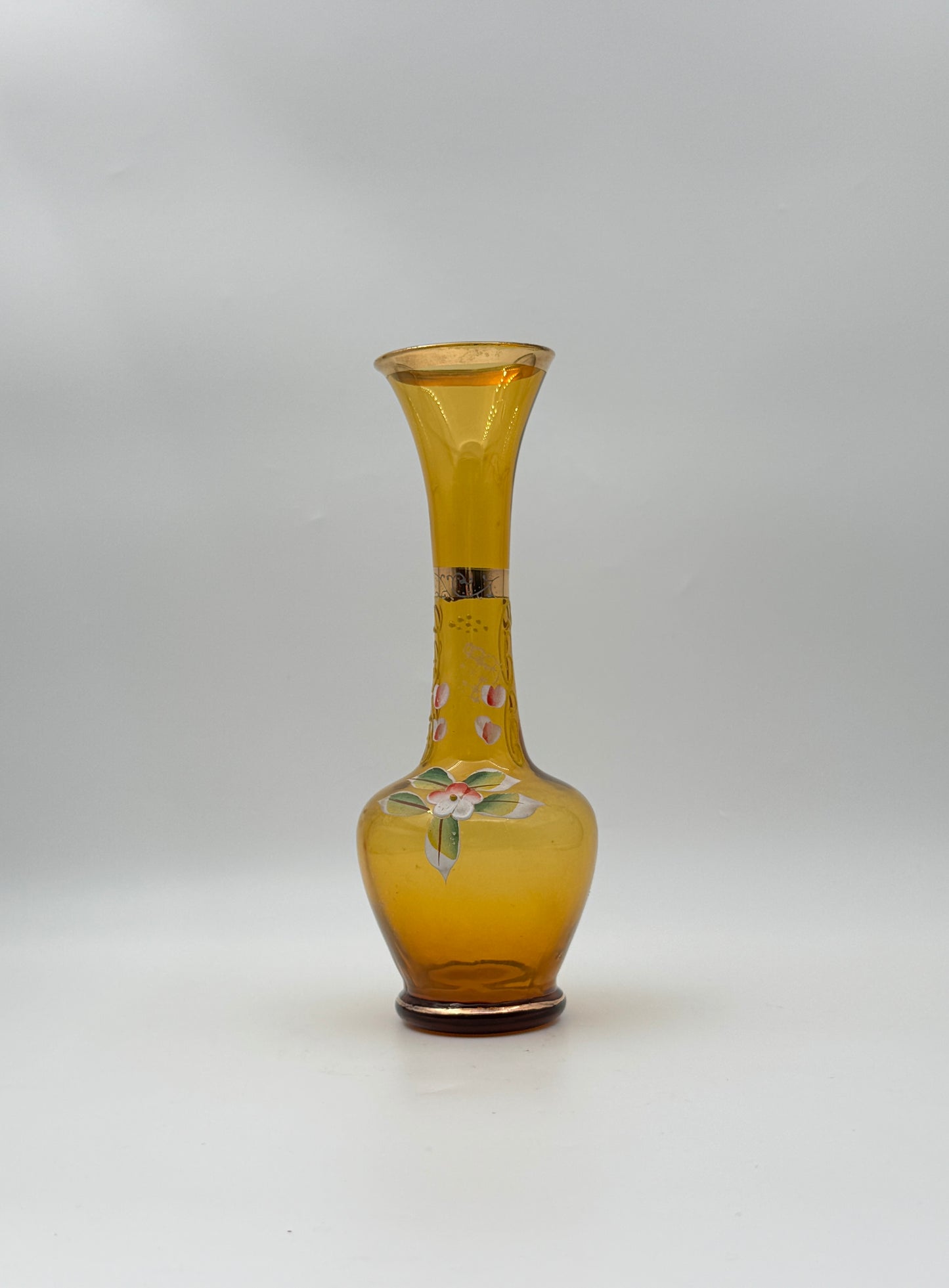 Gold Bud Vase with Flower Detail and Gold Trim
