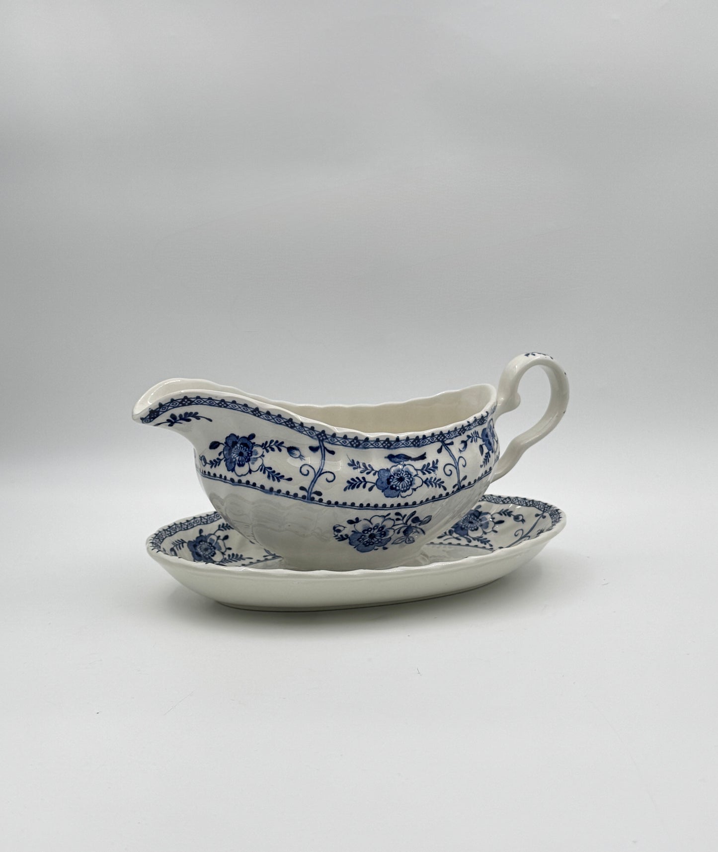 Johnson Bros. “Indies” Gravy Boat with Underplate – Blue Floral Ironstone – England
