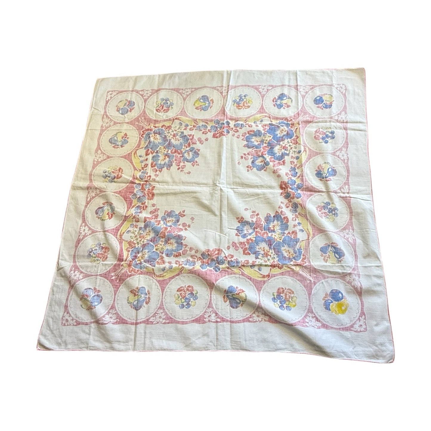 Vintage Midcentury Blue And Red Fruit Tablecloth