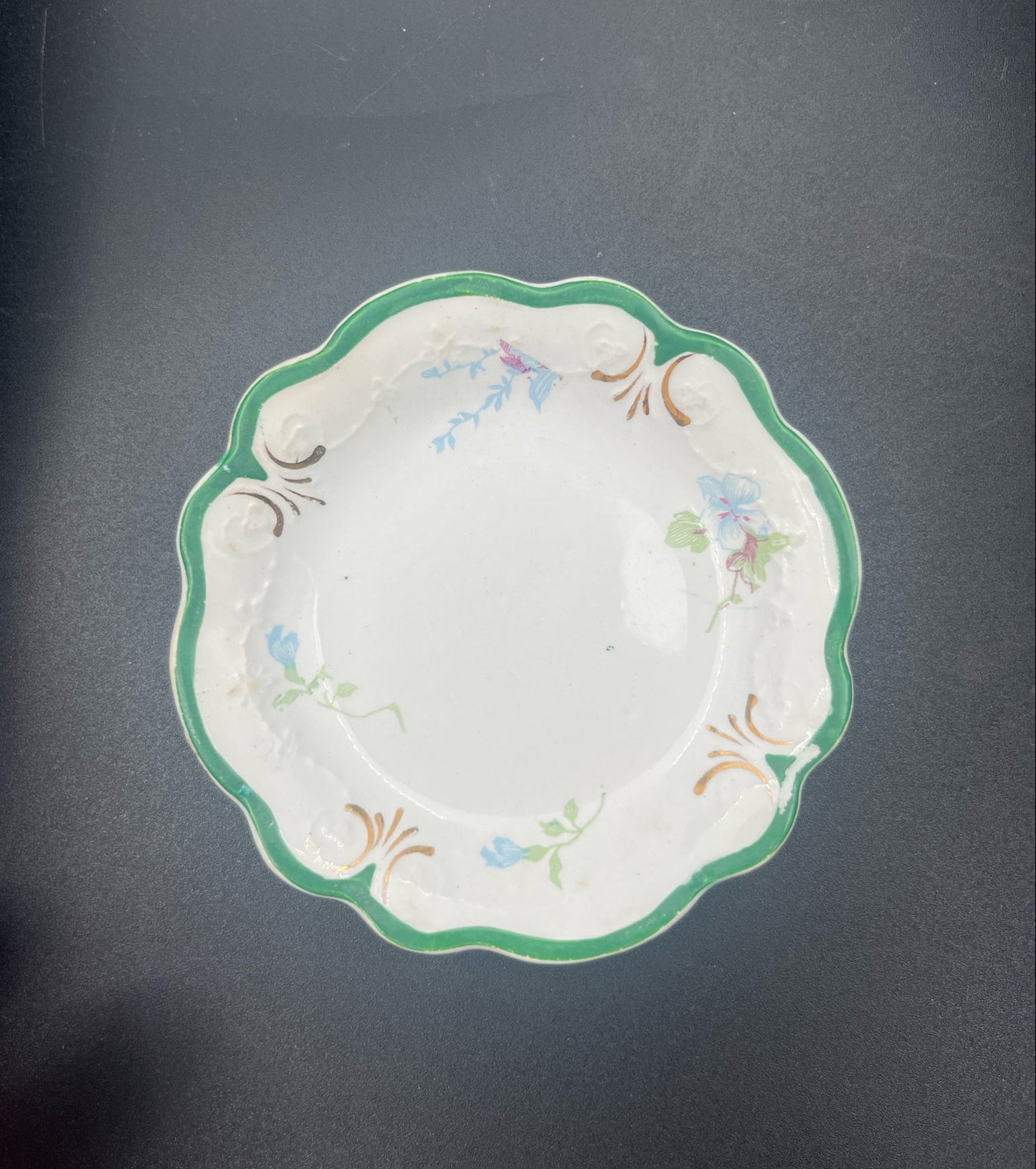 W.H. Grindley English Butter Pat – Green Rim with Floral Motif