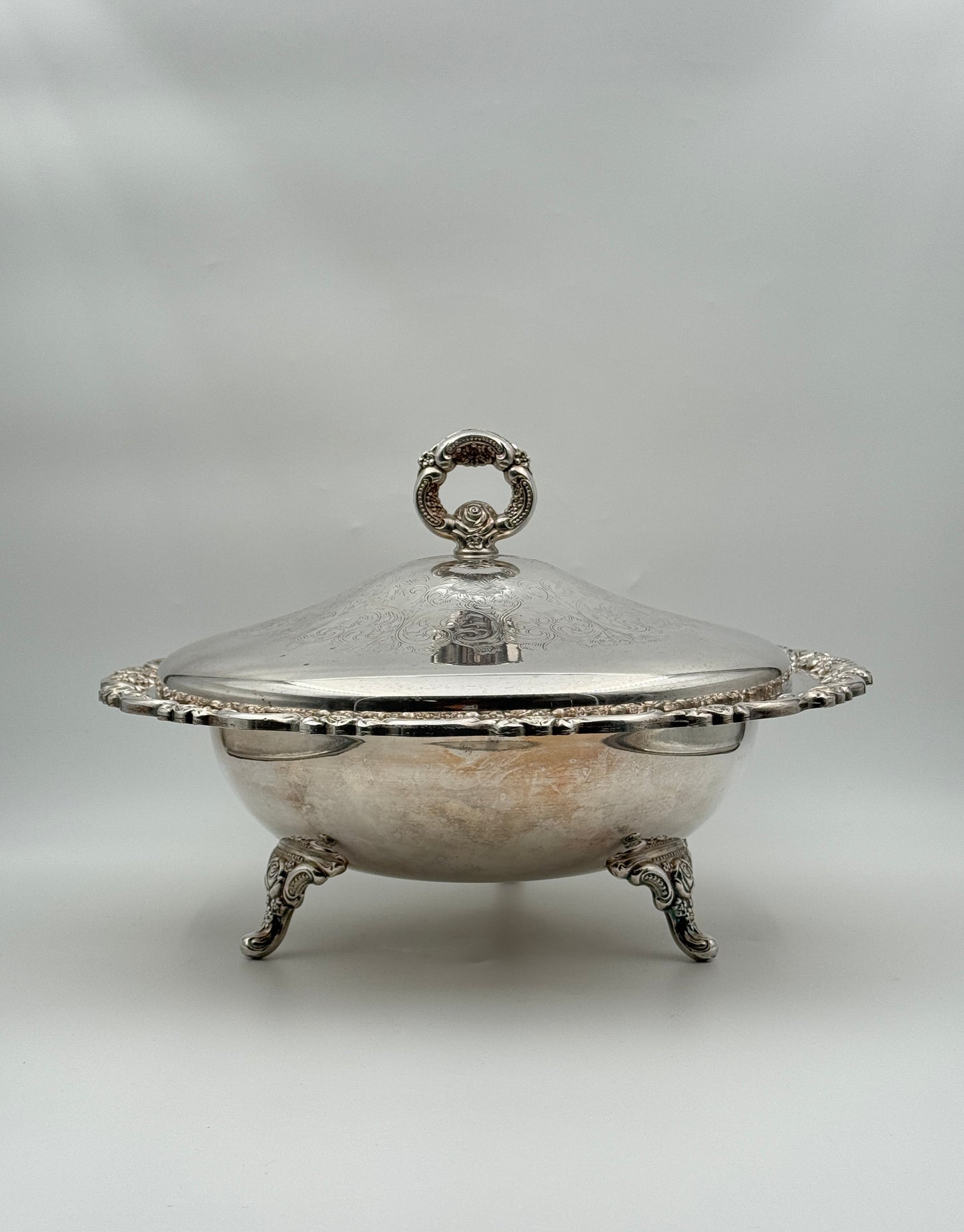 Ornate Silverplate Covered Serving Bowl with Glass Insert – Footed