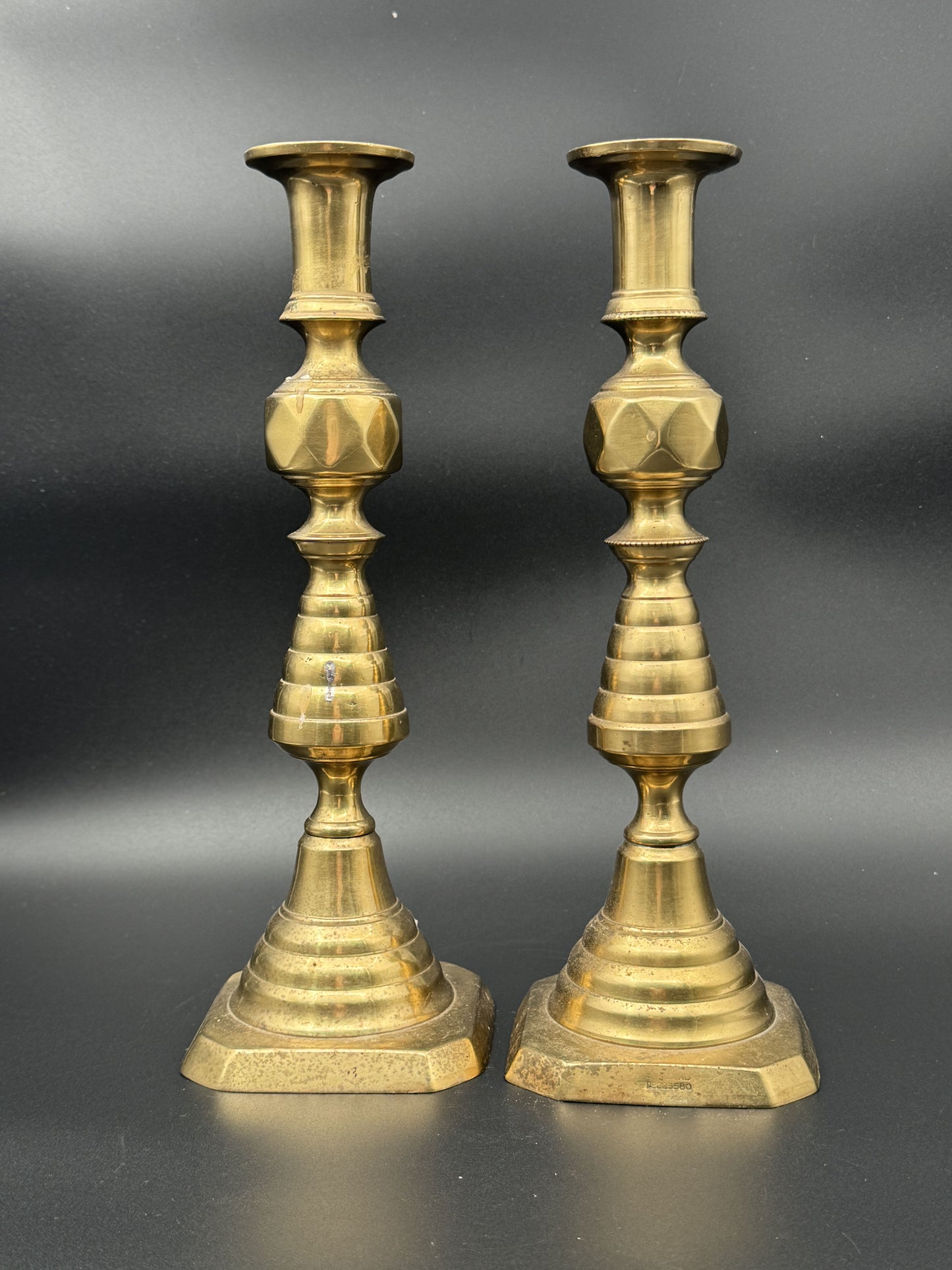 Pair of English 19th Century Brass Beehive Candlestick Candle Holders