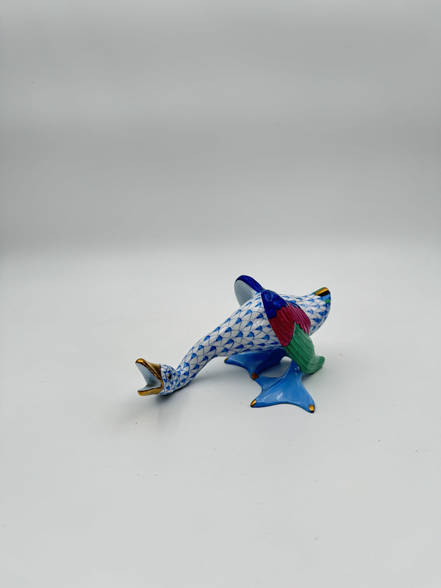 Herend Porcelain Honking Goose – Blue Fishnet, Hand-Painted Figurine,