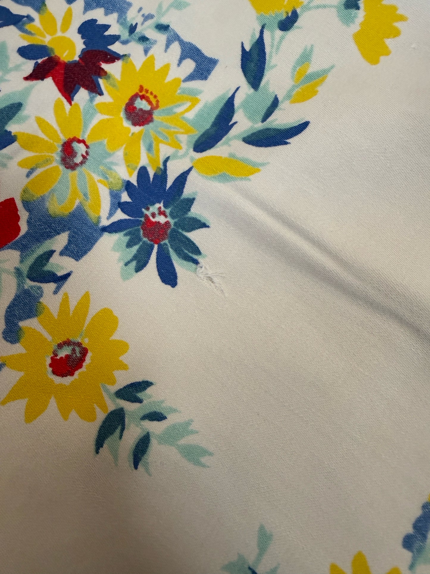 Vintage MCM Tablecloth With Blue Crochet Edging