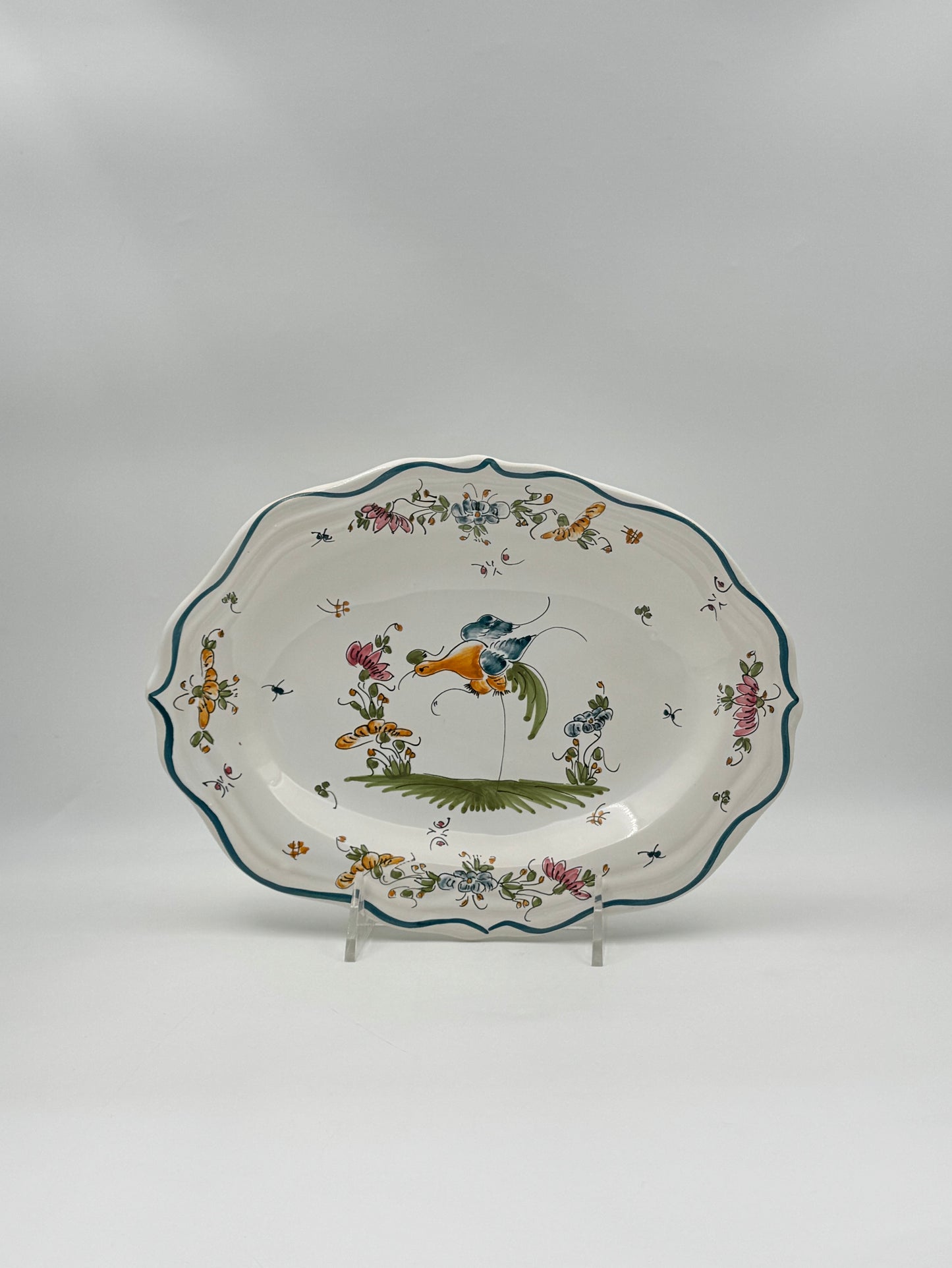 French Moustiers Hand-Painted Faience Platter – Bird & Floral Motif