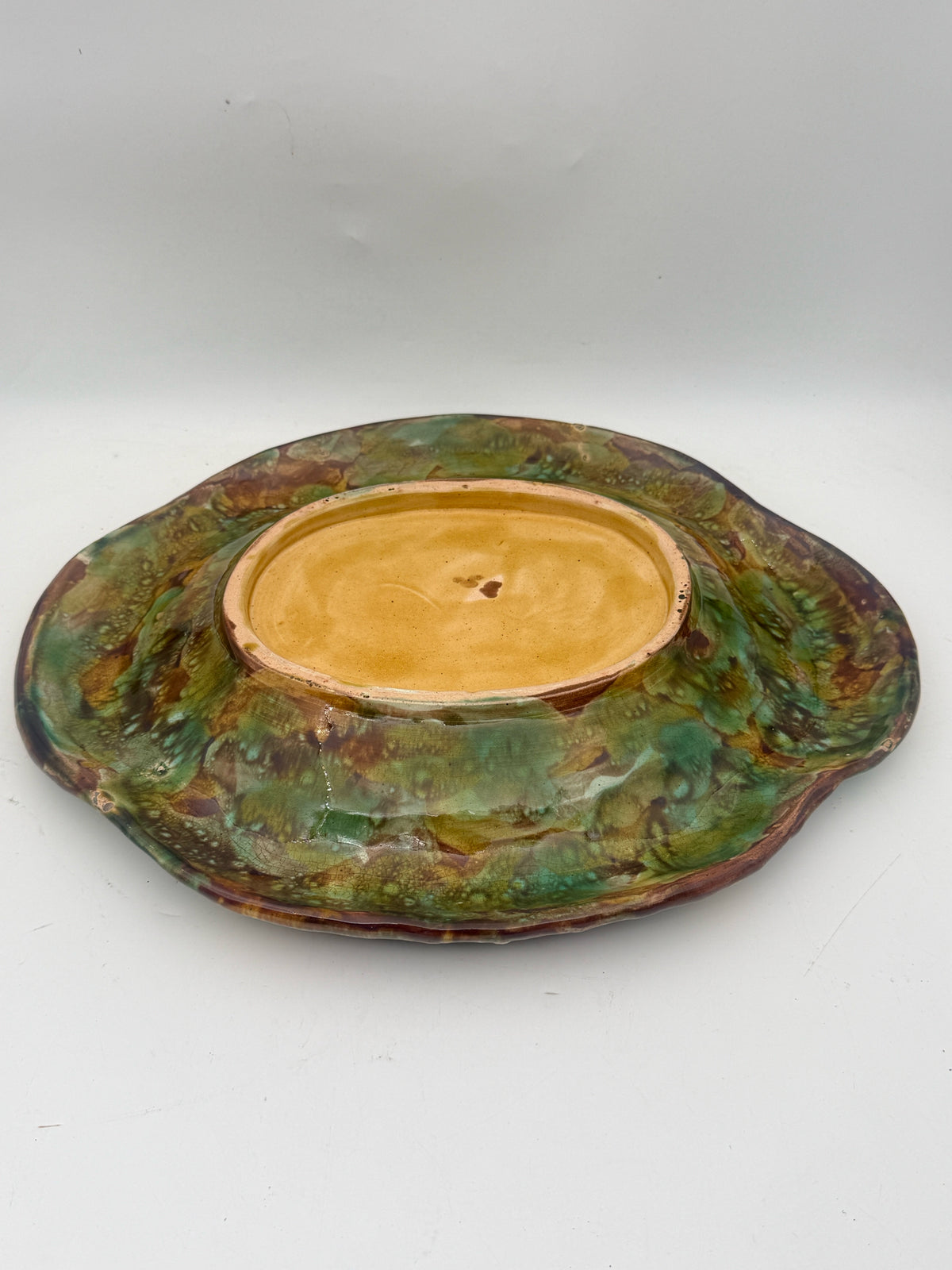 Antique Majolica Green With Berries Flat Serving Platter