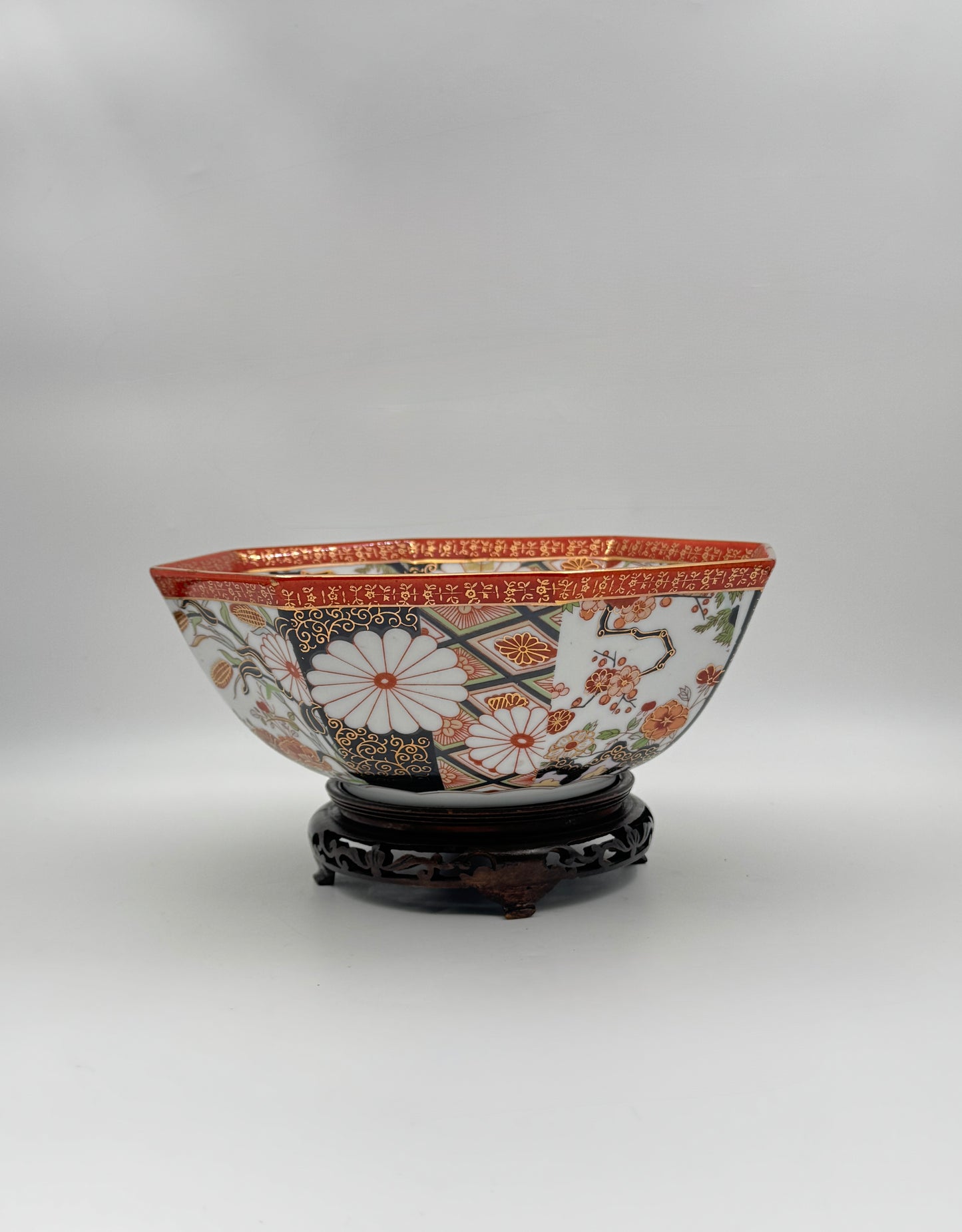 Japanese Porcelain Octagonal Bowl with Stand – Floral & Geometric Imari Design, Gold Trim