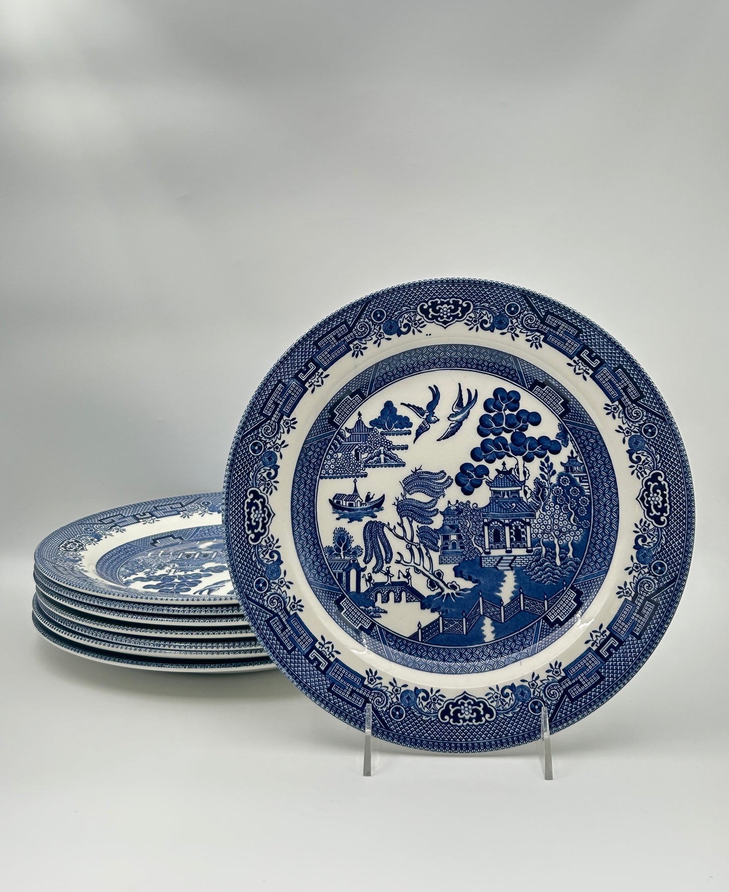 Set of 8 Churchill Staffordshire Blue Willow Dinner Plates – Made in England