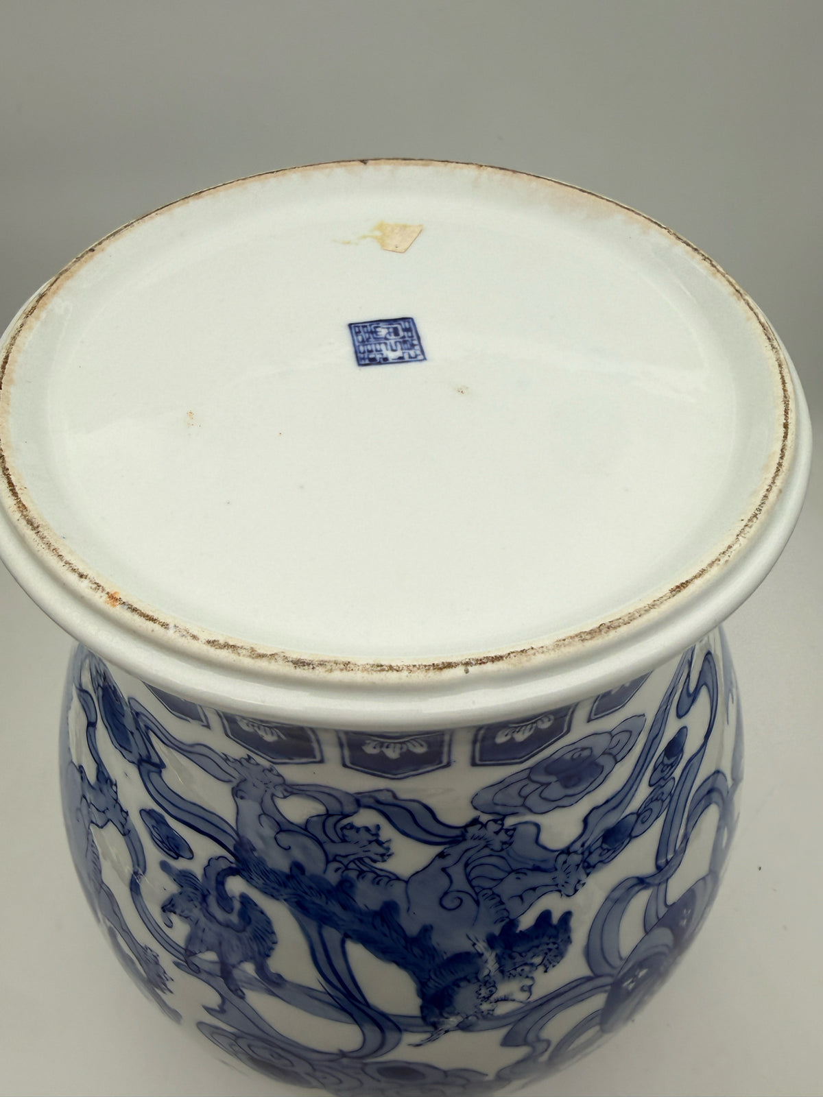 Large Blue And White Ginger Jar With Lions