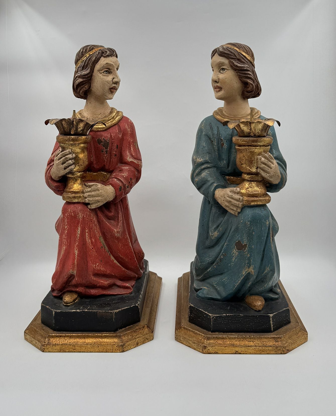 Pair of Hand-Carved Figural Wooden Candle Holders – Kneeling Angels with Gilded Chalices