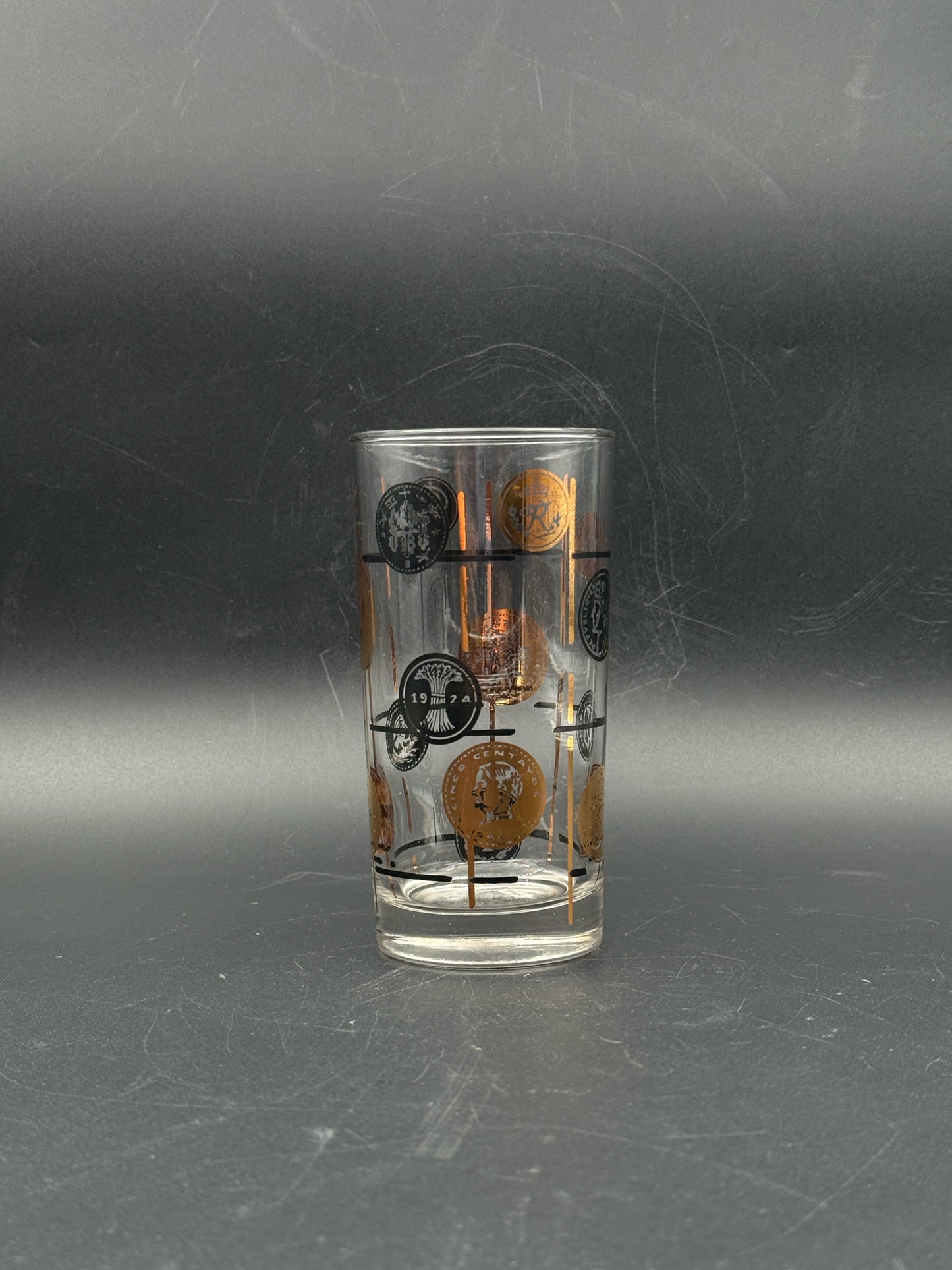 Mid Century Modern Libbey "Old Coin" Highball Glasses With Carrier