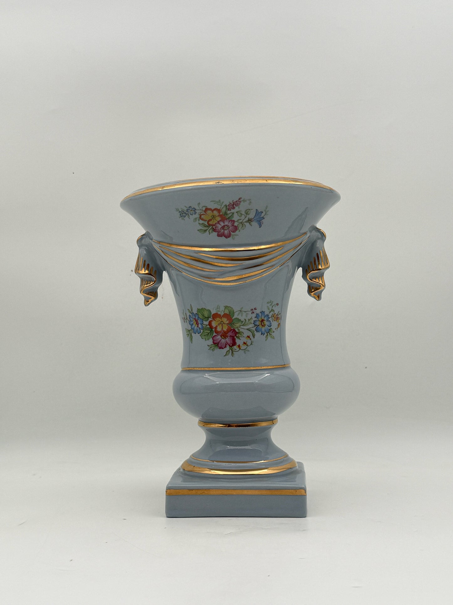 Vintage Porcelain Urn Vase with Flower Detail and Gold Gilt Trim
