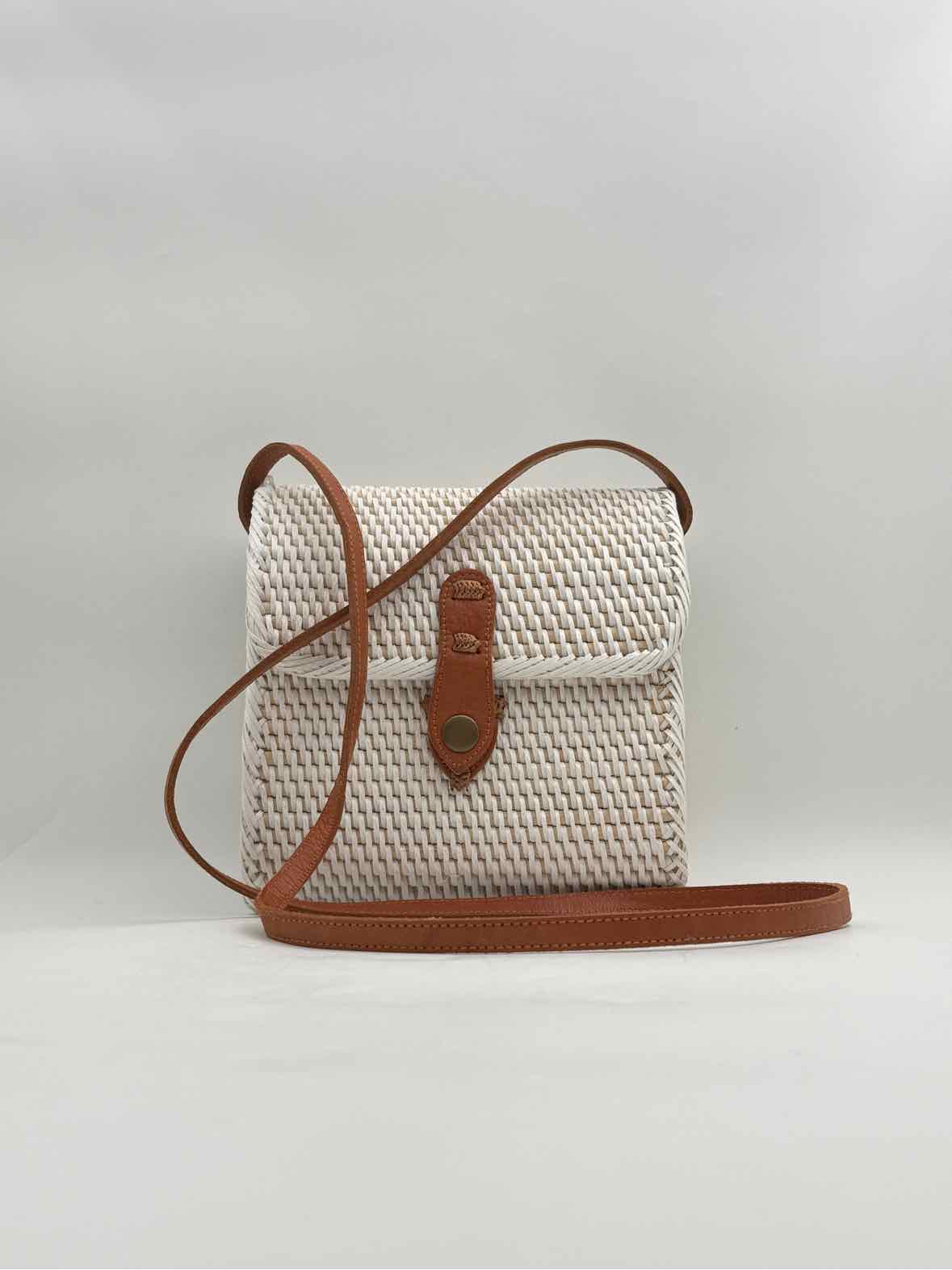 White Washed Rattan Hinge Flap Purse Handbag Crossbody w Leather Strap