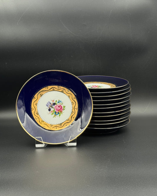 Danico Dessert Plates –  Set of 12  –  Navy with Gold Rim and Rose Flower Center