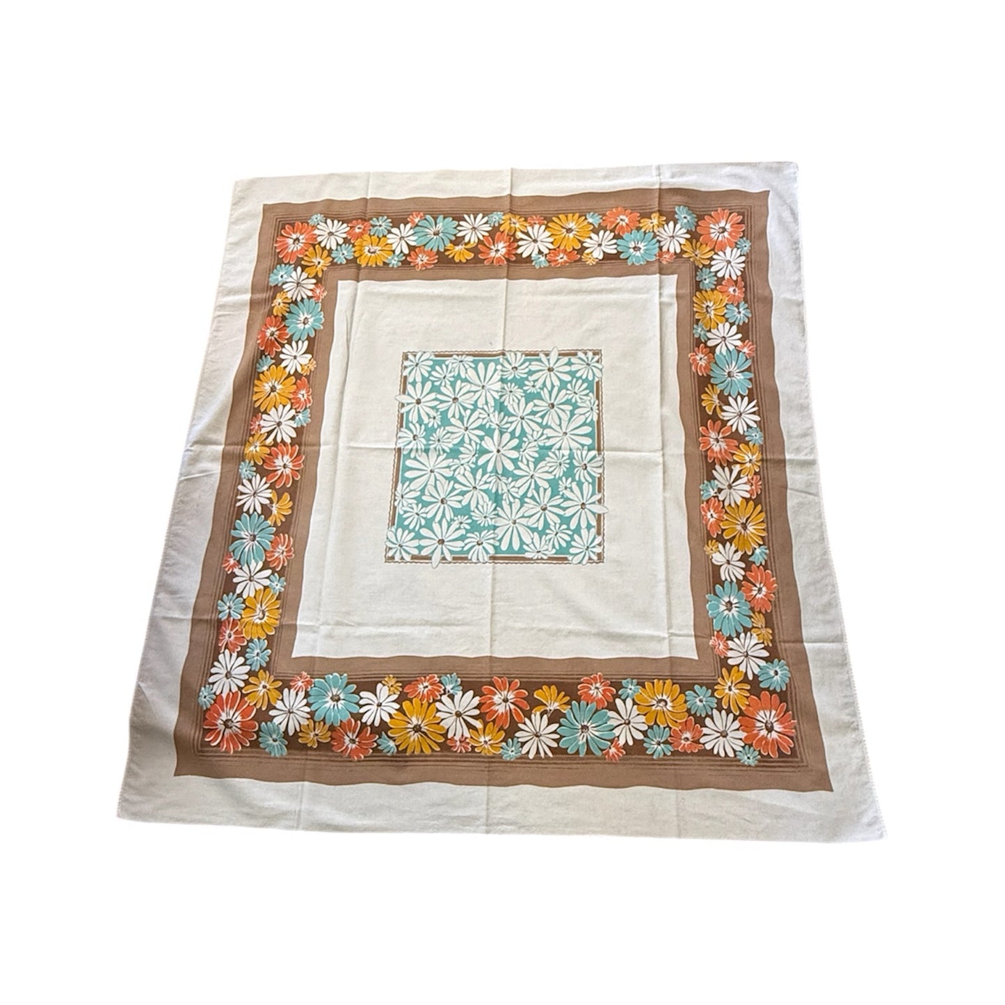 Mid Century Blue And Brown Daisy Border Tablecloth