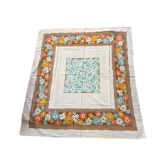 Mid Century Blue And Brown Daisy Border Tablecloth