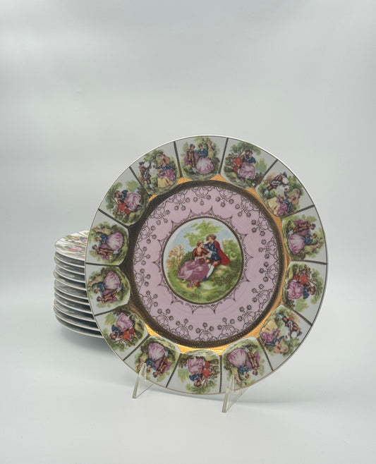 Porcelain Painted Plates with Gilt Rim – Set of 12