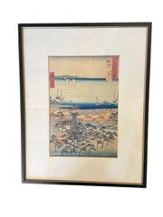 Framed Woodblock Print After Utagawa Hiroshige – Coastal Village with Lantern Tower