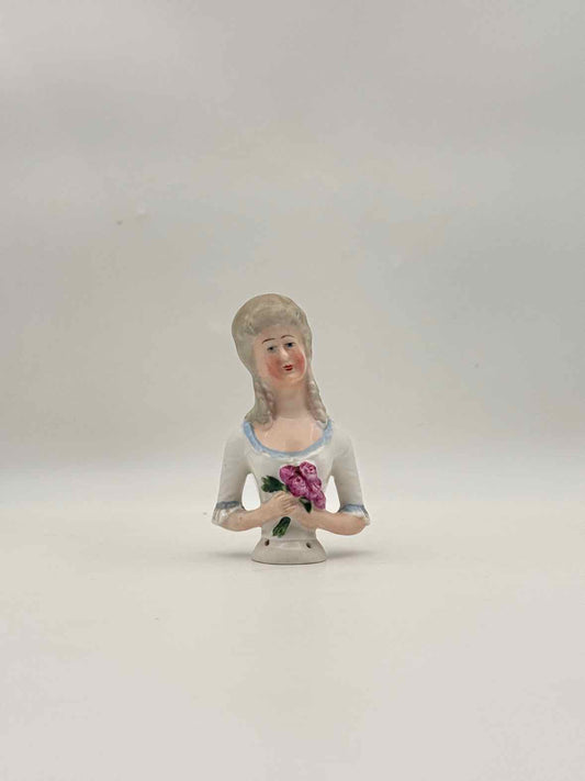 Antique Porcelain Half Doll Female Bust Holding Flowers Figurine Art