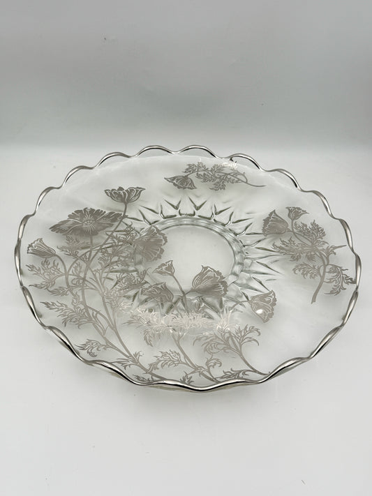Vintage Glass Serving Platter With Decorative Silver Poppies