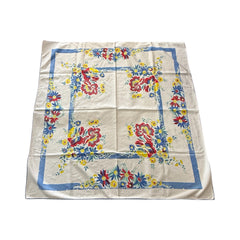 Vintage MCM Tablecloth With Blue Crochet Edging