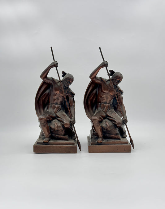 Pair of Bronze-Clad Bookends – Native American Warriors with Spears