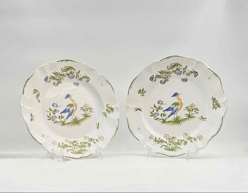 Pair French Faience Peacock Bird Plates Moustiers France Decor