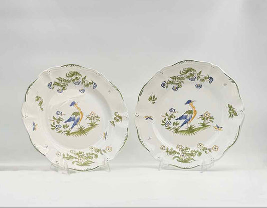 Pair French Faience Peacock Bird Plates Moustiers France Decor