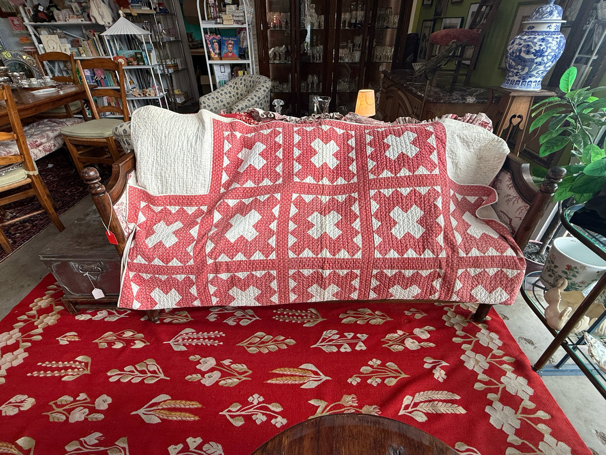Vintage "Crossed Canoe" Red And White Quilt