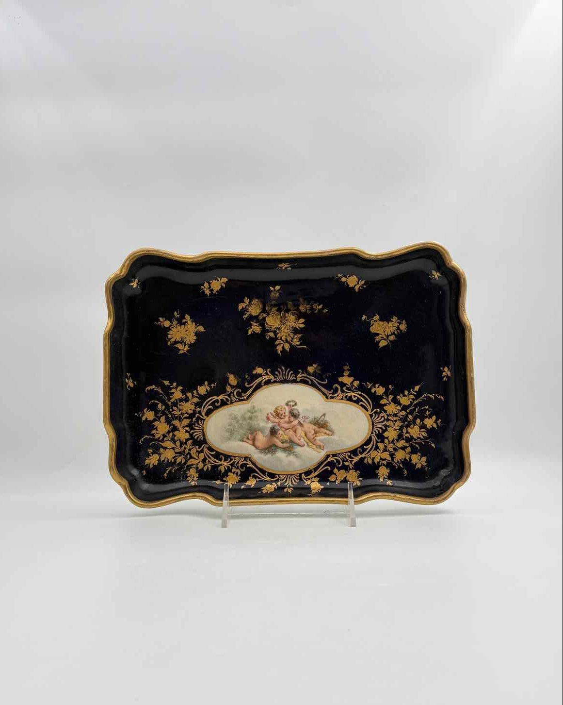 Vintage Porcelain Cherub Vanity Tray Navy Blue Gold Gilt Dish Decor