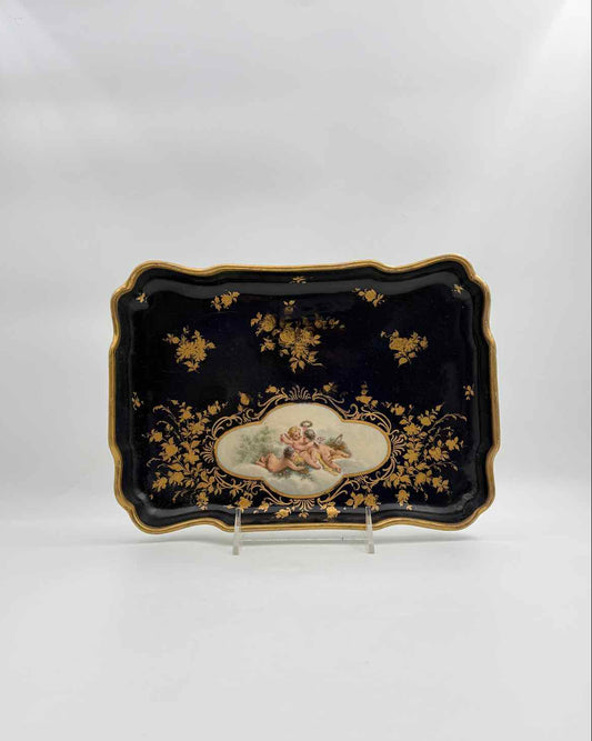 Vintage Porcelain Cherub Vanity Tray Navy Blue Gold Gilt Dish Decor