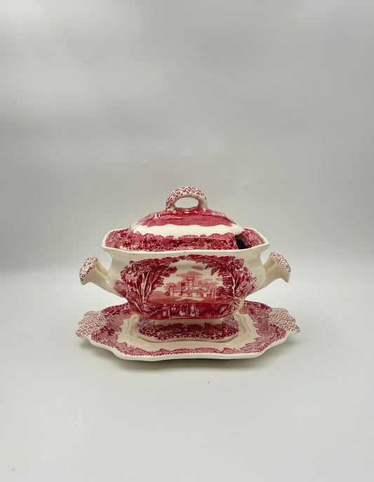 Mason’s Vista Small Tureen with Lid and Underplate – Pink/Red Transferware – Made in England