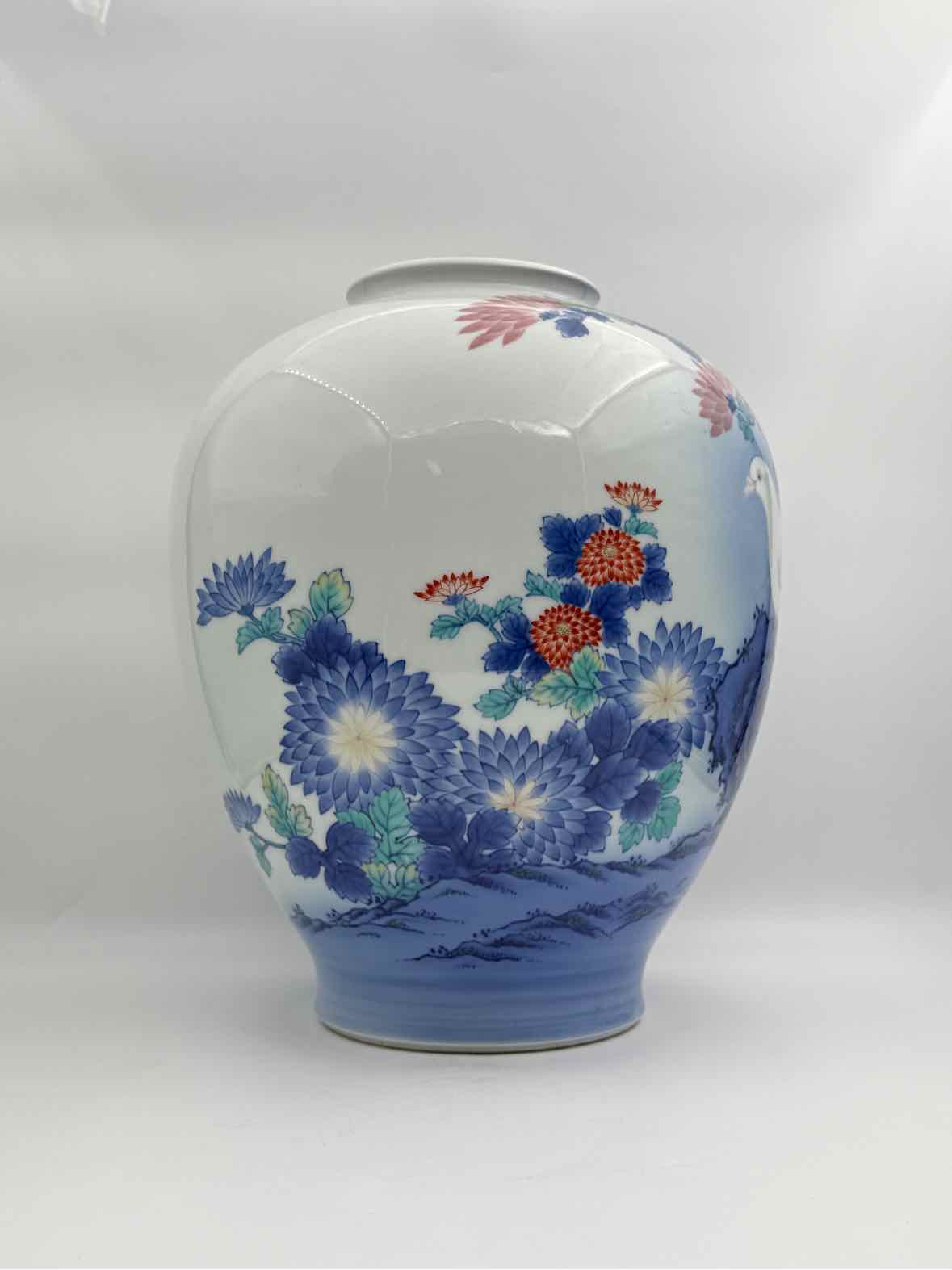 Vintage Koransha Blue Dove Porcelain Vase Blue Cream Floral Landscape