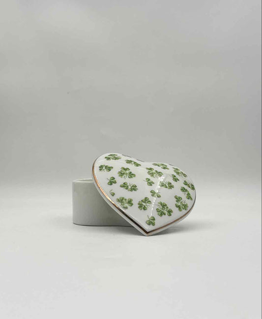 Vintage Shamrock Heart Shaped Porcelain Trinket Box Lucky Clover Decor