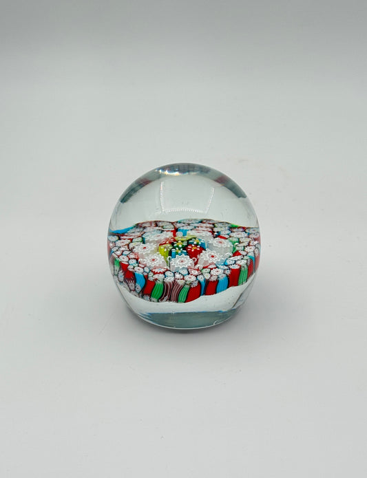 Murano Glass Paperweight – Millefiori Floral Canes – Red, Blue & White
