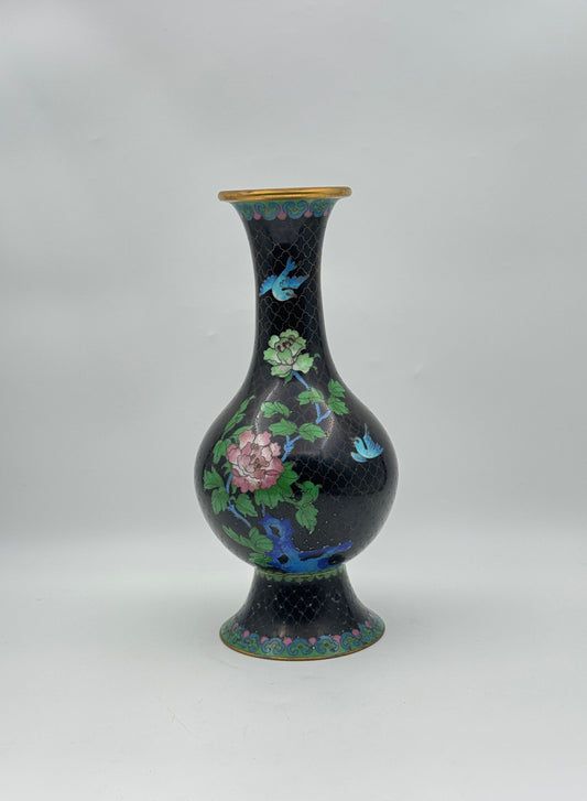 Chinese Cloisonné Vase – Black Enamel with Floral & Bird Design, Gold Rim