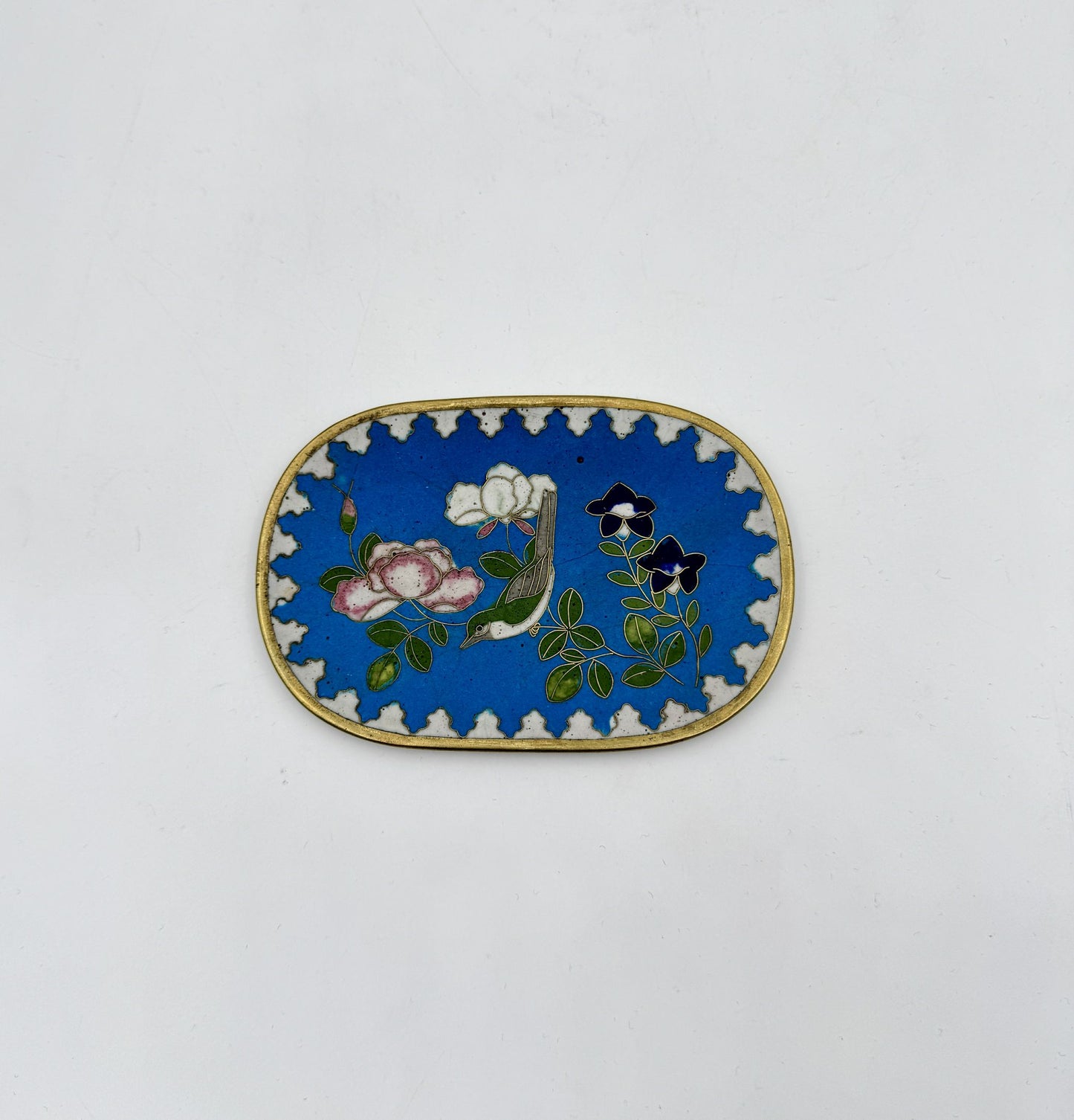 Vintage Chinese Cloisonné Oval Dish – Green Bird & Floral Design