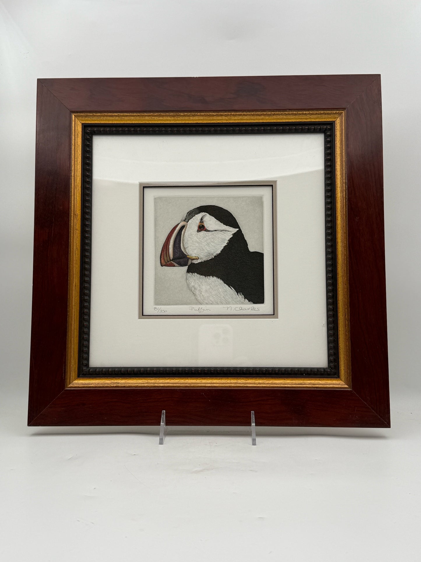 Nancy Charles Framed Pair Of Puffin Bird Etchings