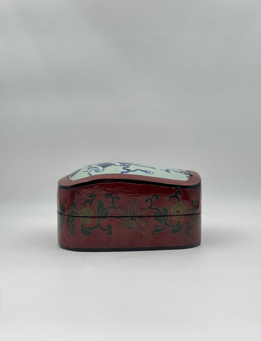 Chinese Lacquer Fragment Box with Blue & White Porcelain Inset Lid