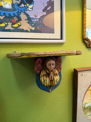 Vintage Wood Wall Bracket With Painted Cherub